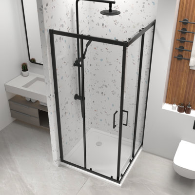 Porte de douche coulissante, verre trempé 1/4 po, cabine de douche pivotante néo-angle 34,625 po x 72 po, cadre noir mat