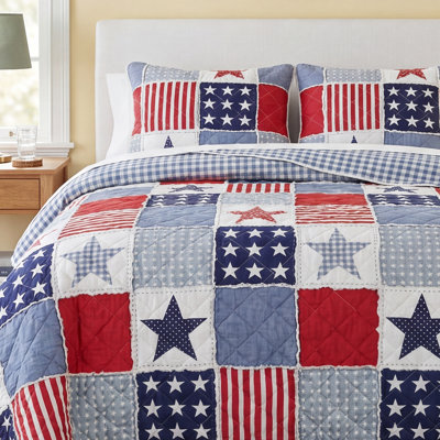  Donna Sharp Star & Stripe 3PC King Ragged Pieced Cotton Patriotic Quilt Set