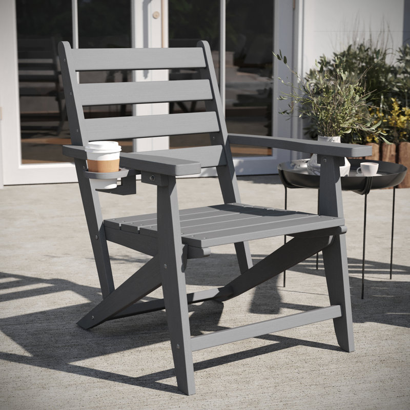 All-Weather Commercial Adirondack Dining Chair with Fold Out Cupholder, Gray