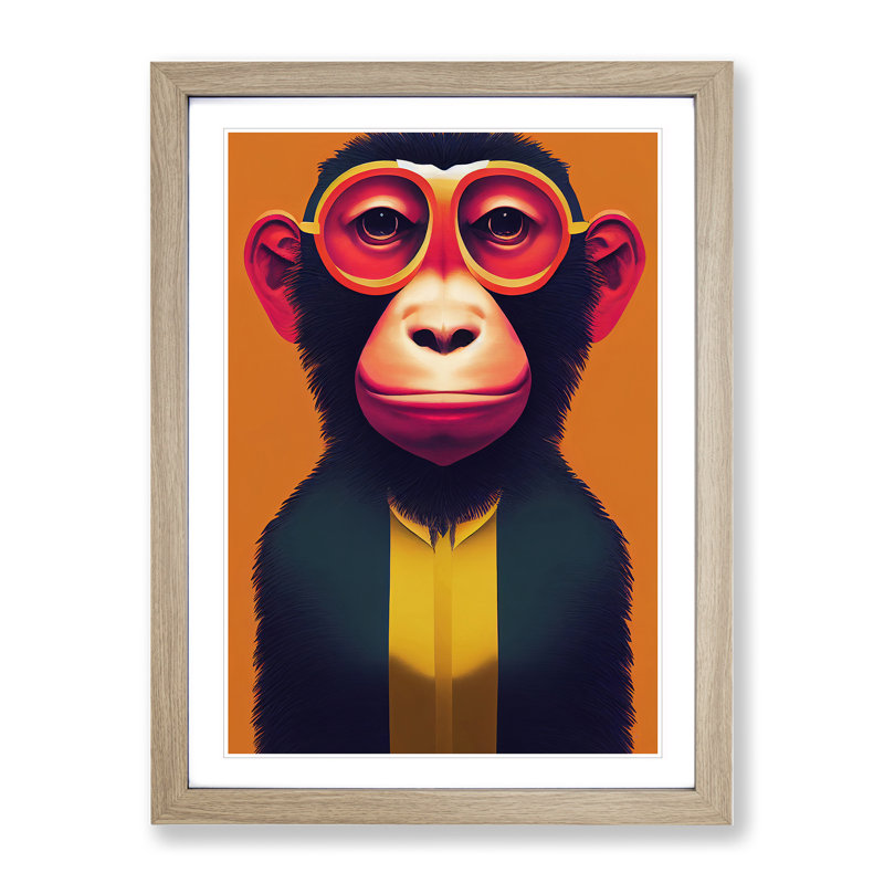 Monkey In Glasses No.4 - Wall Art, 34cm H x 25cm W x 2cm D, Oak Framed