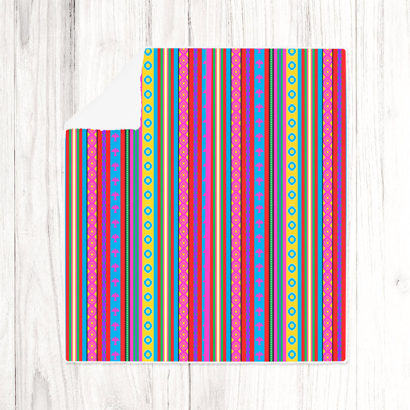 Throw Blanket, 68" W x 80" L, Striped, Pink/Blue/Yellow