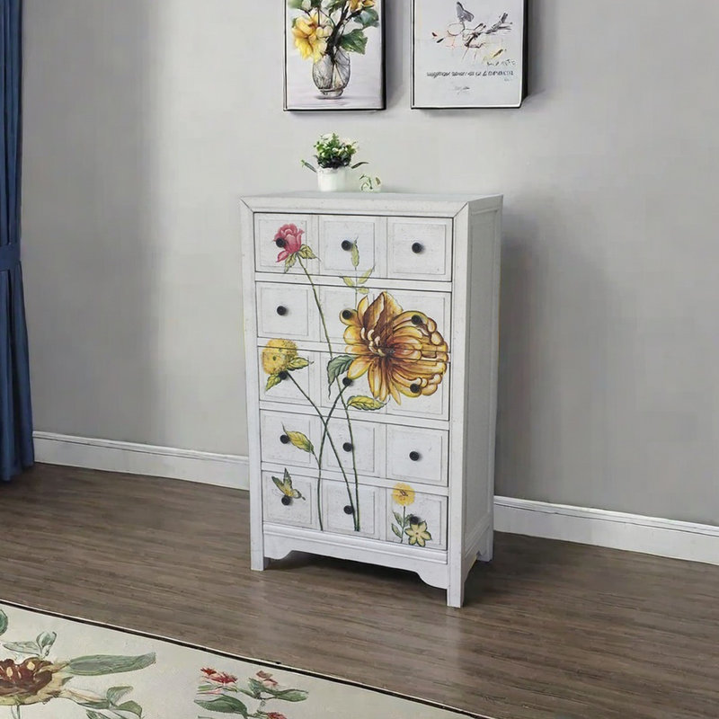Commode décorative classique à cinq tiroirs peinte rétro, Blanc