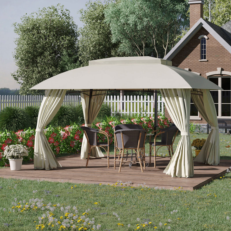 Pavillon de jardin en acier 10X13FT, pour le jardin avec toit à double aération et rideaux (beige)