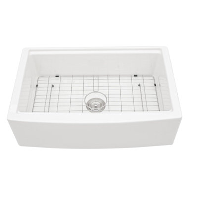 Station de travail d'évier de ferme en céramique blanche de 33 pouces - résistante aux éclats, espace avec rebords, teinture, cuve profonde pour la cuisine, grille à vaisselle en acier inoxydable 304, crépine à panier, coupe