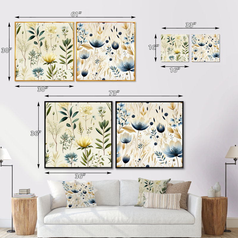Surbit - Ensemble de 2 collages carrés floral et botanique, H 16 po x l 33 po, Cadre flottant blanc