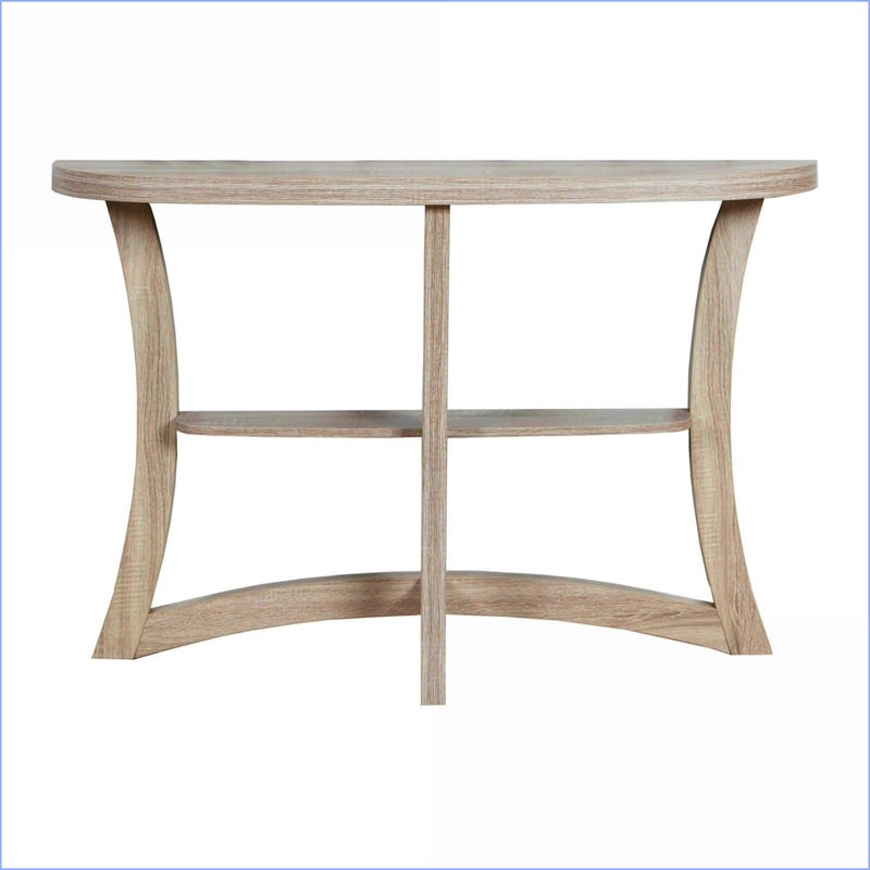 Table basse en demi-lune de salon compacte en stratifié d'aspect bois brun, base courbée robuste
