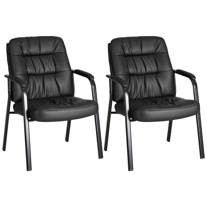  Set of 2 PU Leather Padded Waiting Room/Conference Chairs with Metal Frame and Fixed Padded Armrests, Black, 2