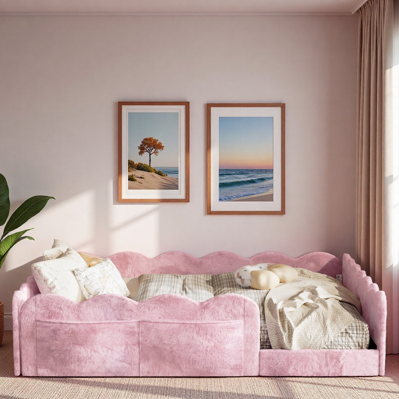 Lit rembourré pour enfants avec garde-corps en forme de vague et poches de rangement latérales, Lit double, Rose