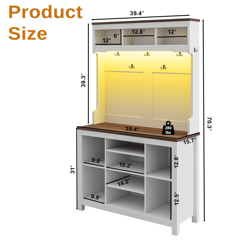 39.4” Wide Farmhouse Style Entryway Hall Tree With Open Shoe Storage, Coat Rack And LED Lights