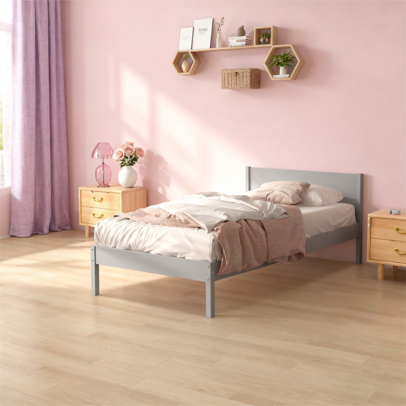 Lit plateforme simple Pine, Gris, Lit simple