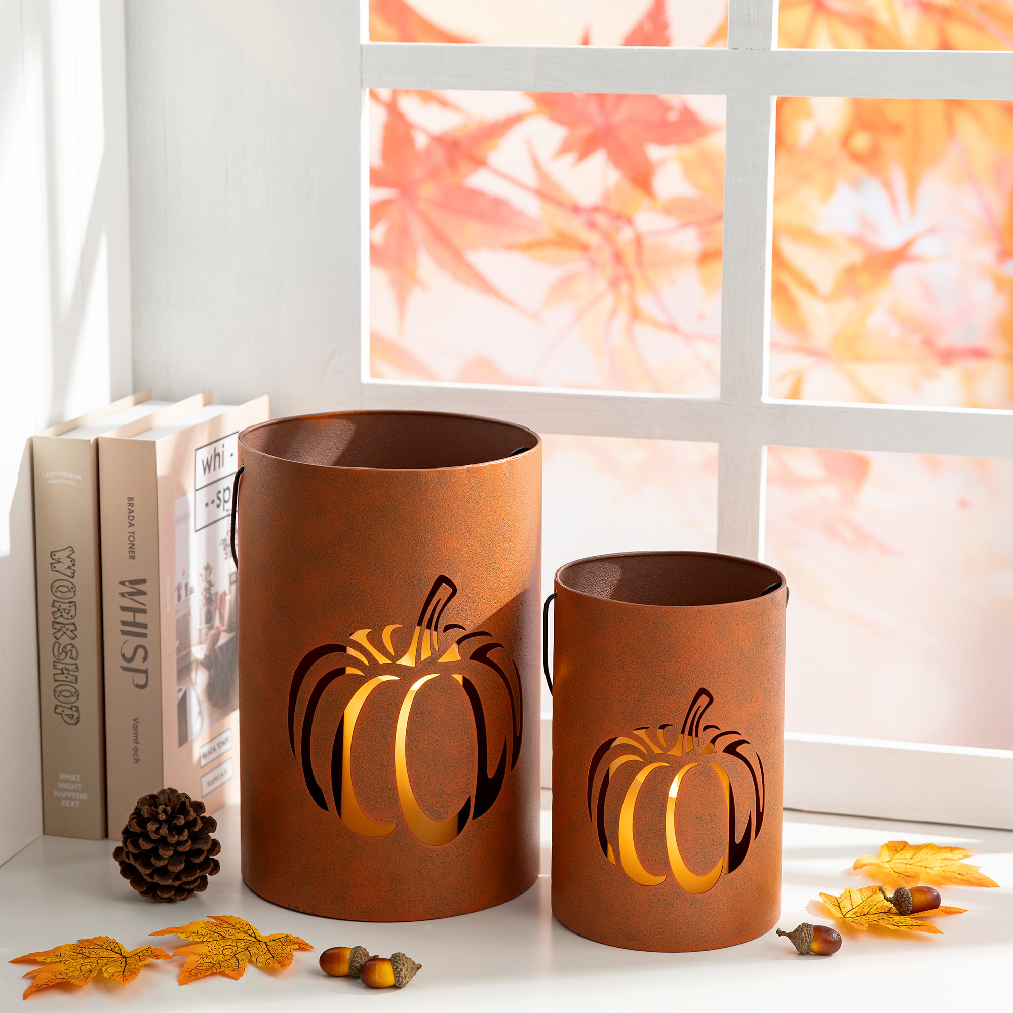 Set Of 2 Cutout Harvest Halloween Pumpkin Pail Lanterns