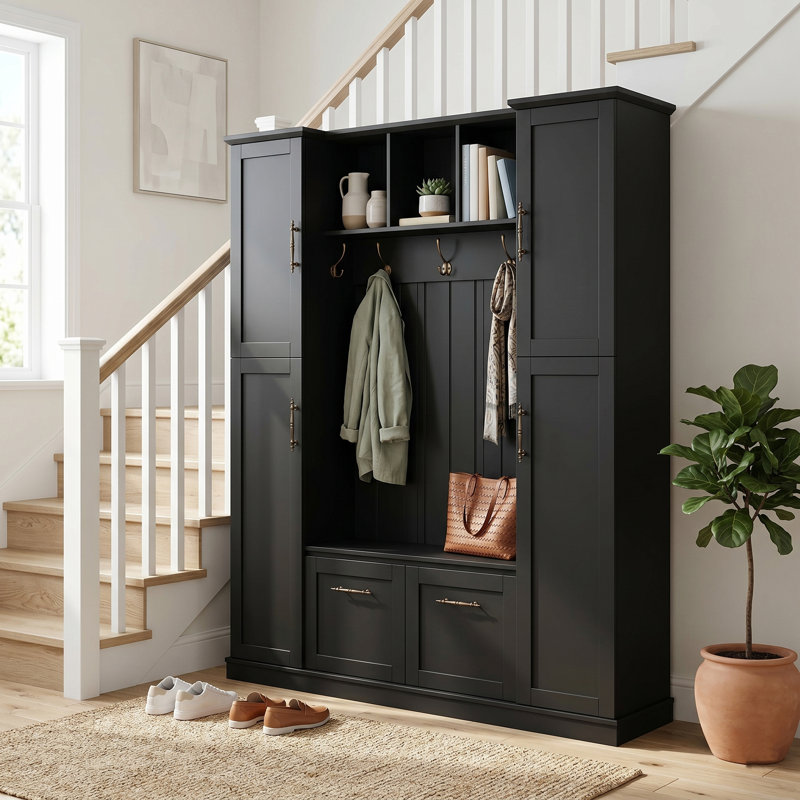 60" Wide Farmhouse Freestanding Hall Trees with Storage Shoe Bench and Hooks, Black