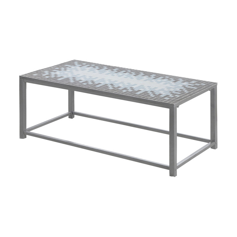 Table basse grise en métal avec plateau en mosaïque