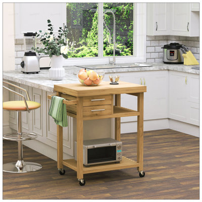 Îlot de cuisine en bambou sur roulettes avec 2 tiroirs et tablettes, solution de rangement durable et mobile