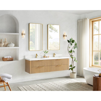 Barcelona 72" Floating Double Bath Vanity in Washed Ash Grey with White Quartz Stone Top