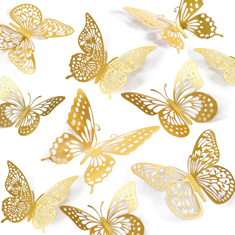 Décoration murale 3D papillon - 48 pièces, 4 styles, 3 tailles, décorations de papillons dorés pour les anniversaires et les fêtes, autocollants amovibles