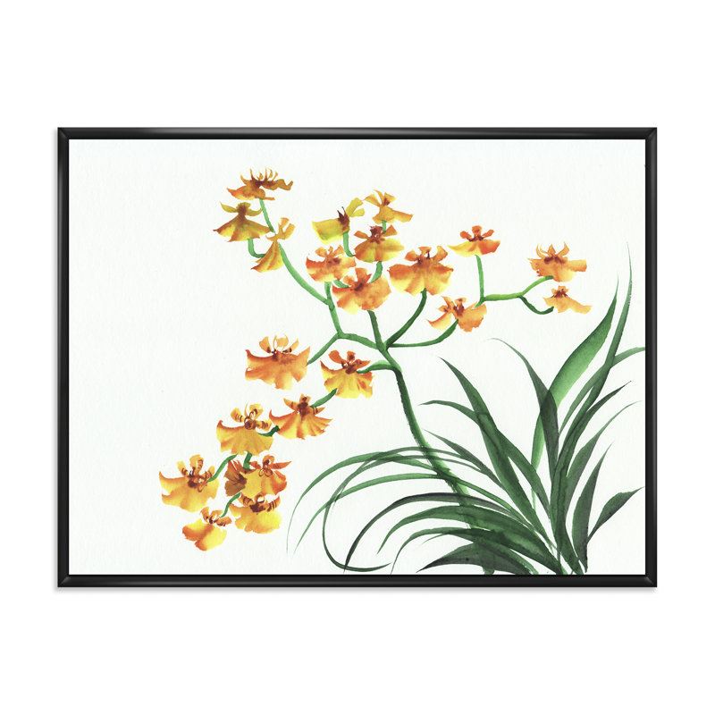 Orchidées jaunes rétro - peinture sur toile, H 12 po x l 20 po x p 1 po, Cadre flottant noir