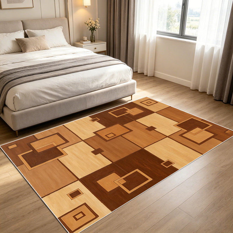 1PC Geometric Brown Square Block Mid-Century Modern area rugs for Living Room, Soft and Comfortable, Suitable for all seasons, easy-to-maintain, machine washable Indoor floor mat, Under Table Farmhouse suitable for dining room, bedroom, entryway,