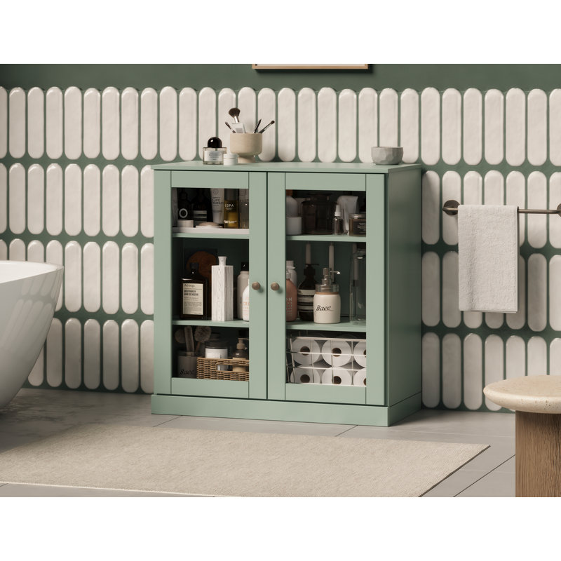 Armoire de salle de bain 100% bois massif 32 po avec portes en verre transparent et tablettes réglables, Sauge