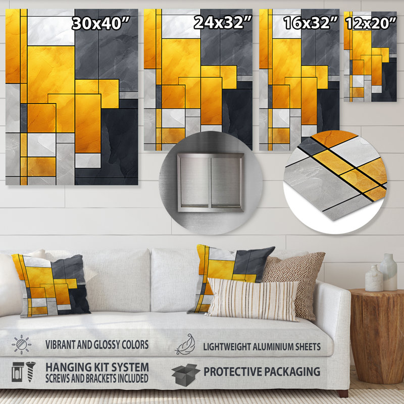 Jaune et gris fusion géométrique 1 - art mural géométrique en métal, H 20 po x l 12 po x P 1 po