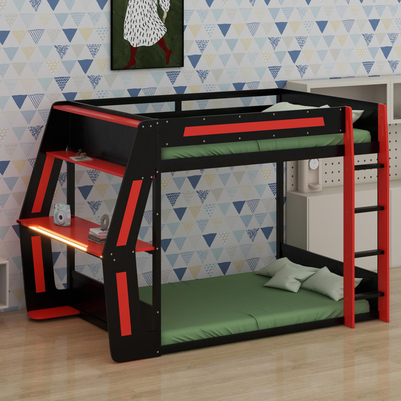Gaming Bunk Bed With Side-Mounted Oversized RGB Desk, Red
