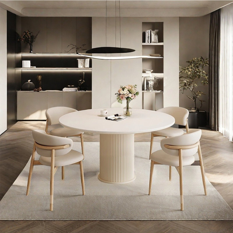 Table de salle à manger ronde de style crème et chaise, H 29,5 po x L 47,2 po x l 47,2 po, Blanc, Blanc/naturel
