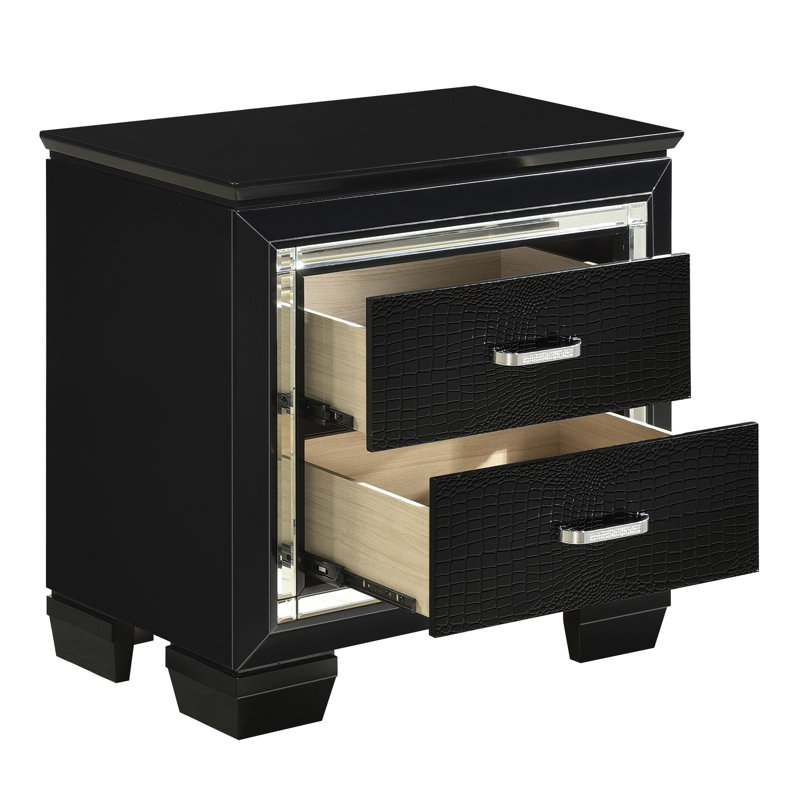 Table de chevet glamour noire avec 2 tiroirs et motifs d'alligator artificiels pour la chambre à coucher, Noir