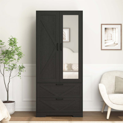 2 Door Wood Wardrobe with Hanging Rod, 2 Drawers, and Built-in Induction Light for Modern Bedroom Storage