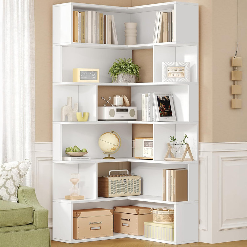 Bibliothèque d'angle, étagère de rangement à 6 niveaux avec étagères