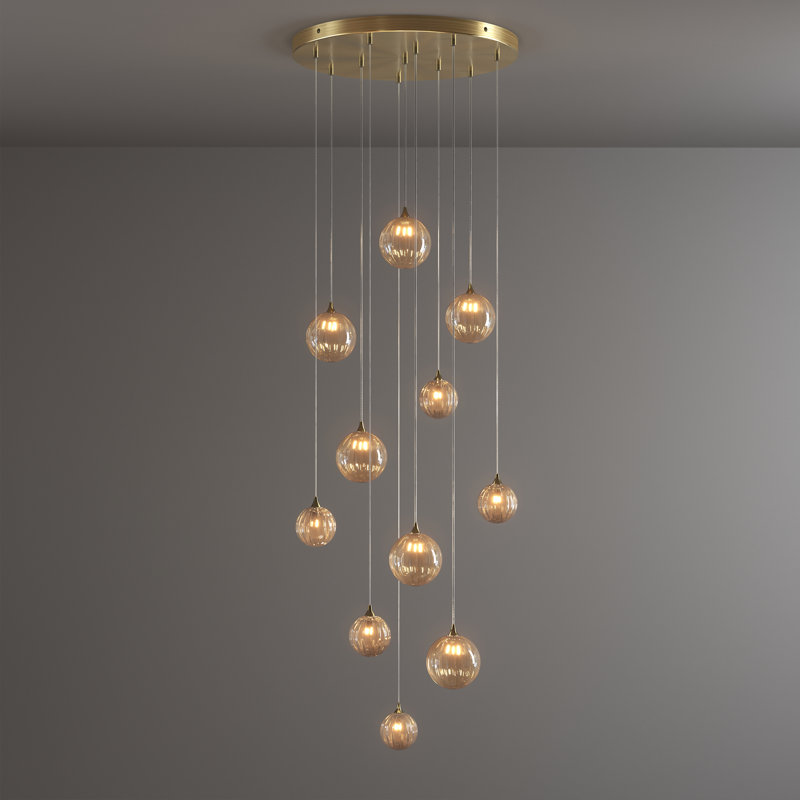 Vine 11 Amber Glass Pendants Chandelier, Brass, 84"
