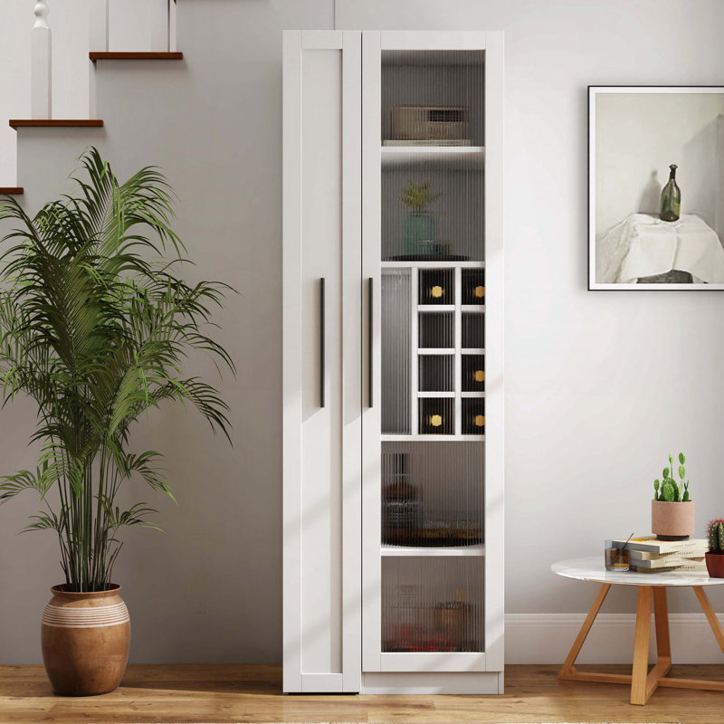 Armoire de rangement Farmhouse avec tablettes coulissantes à plusieurs niveaux et portes en verre