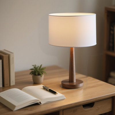 18.5'' Modern Solid Wood Table Lamp with White Linen Drum Shade, cULus Certified for Bedroom Nightstands, Living Room Side Tables, Home Offices Desks or Contemporary Decor