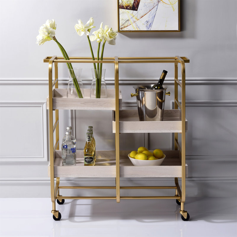 Washed Serving Cart With 3 Adjustable Trays, White/Gold
