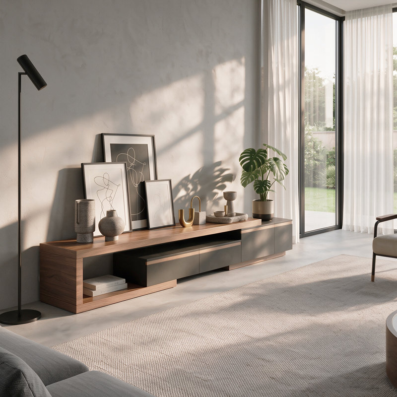 Eray Contemporary Extendable TV Stand with Walnut Veneer Top and Concealed Storage