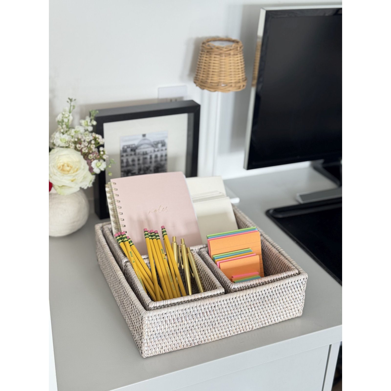 Bohi La Jolla Rattan 4-Piece Desk Organizer, White