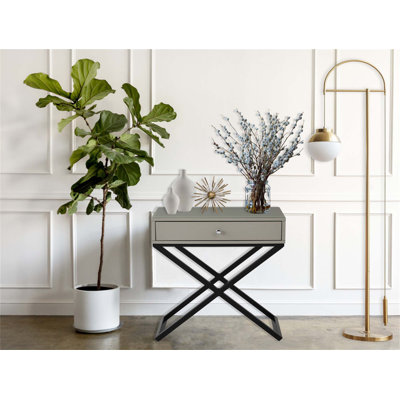 Table d'appoint en bois de 23 po avec plateau en verre, tiroir et base en métal pour rangement moderne