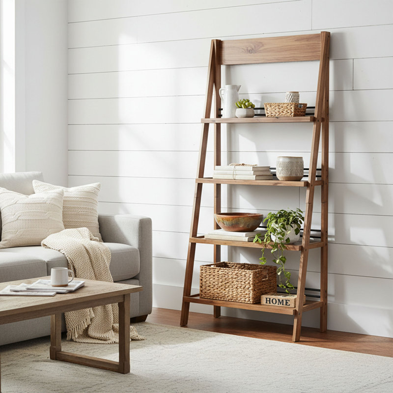 Lavish Home 30. 9"L x 17. 9"W x 68"H 4-Tier Wood Ladder Bookshelf, Walnut