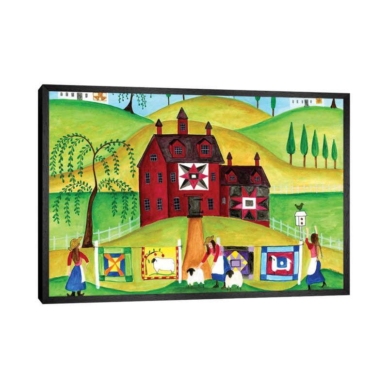 Red Barn Quilt House 1 Piece Painting on Canvas, 66.04cm H x 101.6cm W x 3.81cm D, Black Framed