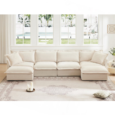 Canapé modulaire en U à 4 places avec housse de protection Cocuh, canapé modulaire sans accoudoirs avec repose-pieds réversible et grands coussins de style français, canapé modulaire à assise profonde et confortable, couleur crème