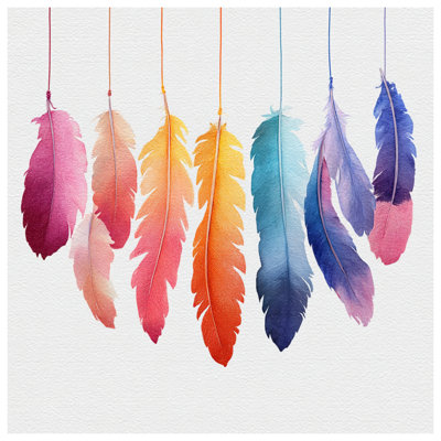 Tapisserie murale colorée avec plumes suspendues - Décoration murale plumes