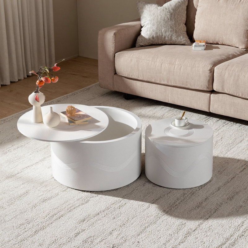 Ensemble de 2 tables basses rondes ondulées modernes avec rangement dissimulé, entièrement assemblées
