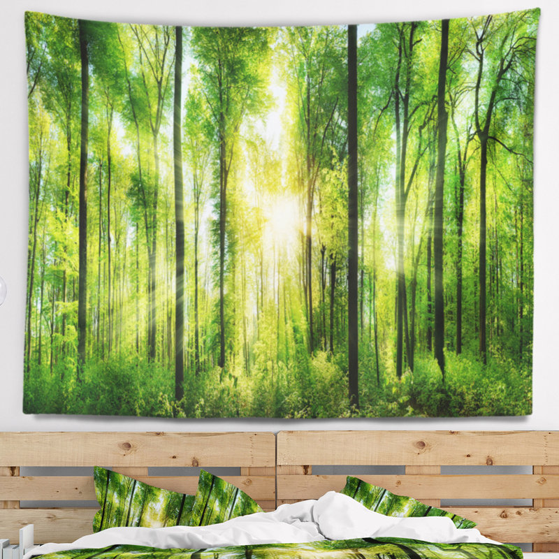 Forêt de paysage avec des rayons de sun panorama tapisserie, H 32 po x l 39 po