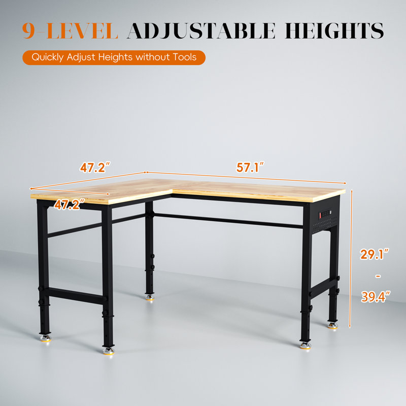 48"/60" Heavy-duty Adjustable Workbench For Garage, Rubber Wood Shop Table,hardwood Workstation Weight Capacity Over 1500 Lbs (l Shape/rubber Pad/power Outlets/ruler/57.1" X47.2)