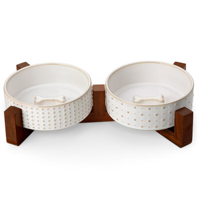 Rhombus & Dot Embossed Pattern Anti-skid Stoneware Elevated Feeder