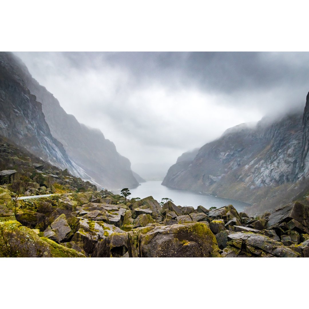 Leinwandbild Moosbedeckte grüne Felsen Fjord Norwegen Schlechtes Wetter