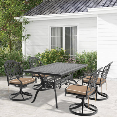 Ensemble de salle à manger 5 pièces en aluminium coulé résistant aux intempéries, comprenant 4 chaises pivotantes et une table rectangulaire avec cadre noir