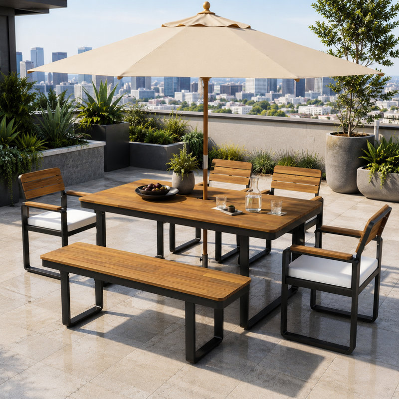 Ensemble de salle à manger de patio 6 pièces avec table, chaises et banc, Beige