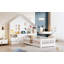 Lit maison avec fenêtre et tiroirs de chevet, lit plateforme avec tablettes et ensemble de prises et port USB, blanc