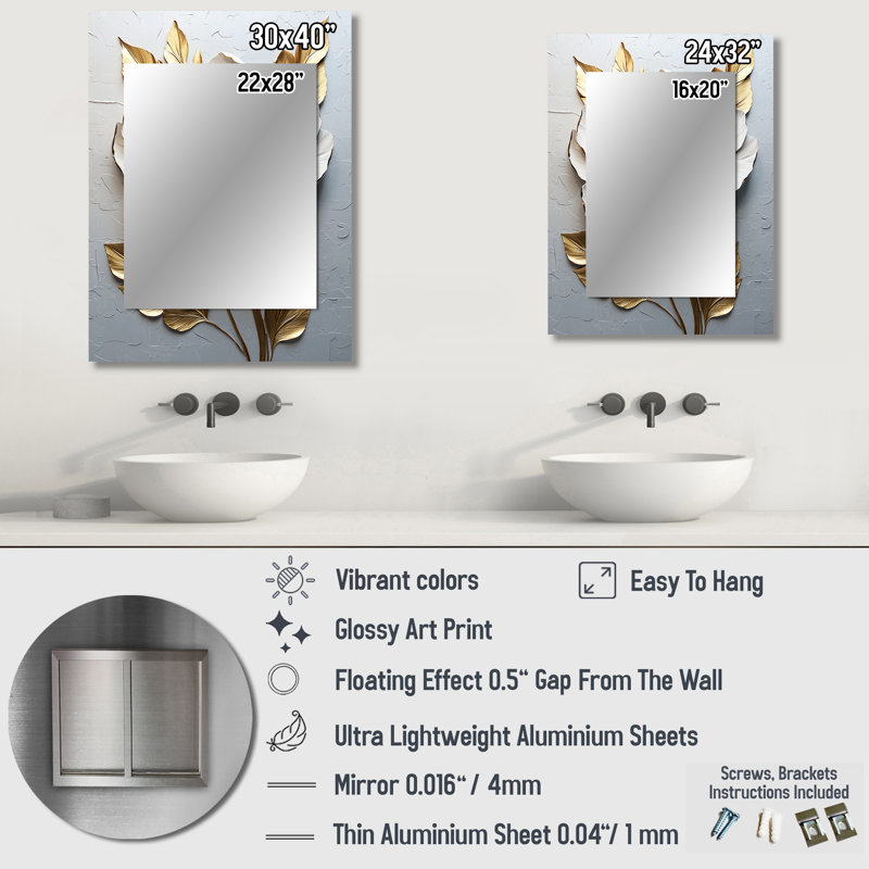 Peony Blooming In Gold And White I - Peony Decorative Wall Mirror, Gold Mirror, Printed Metal Art, 40" x 30"