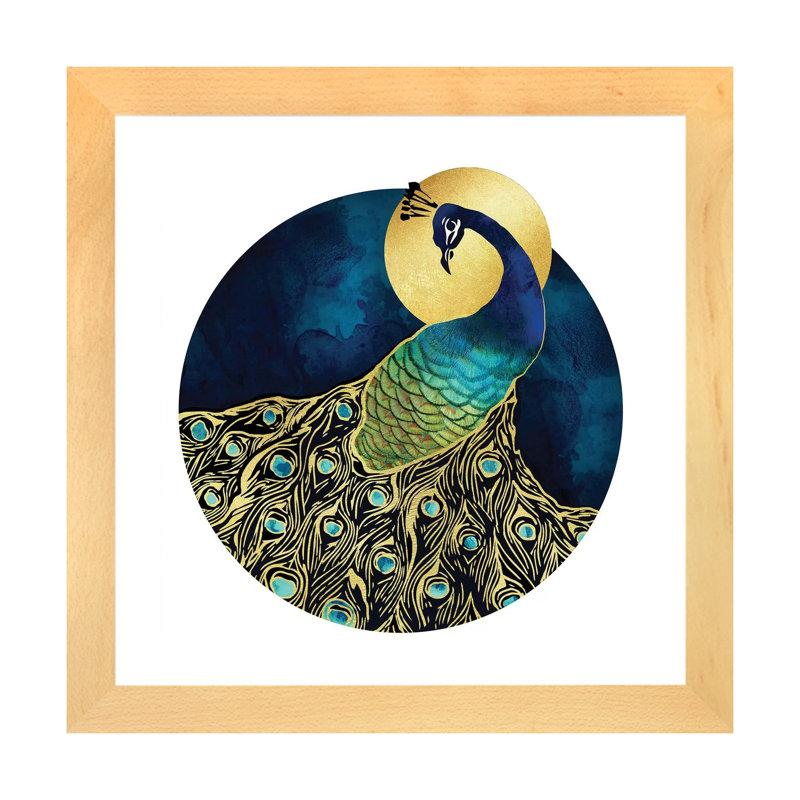 Golden Peacock - impression d'art graphique, Papier avec cadre beige, Blanc, H 16 po x l 16 po x p 1 po
